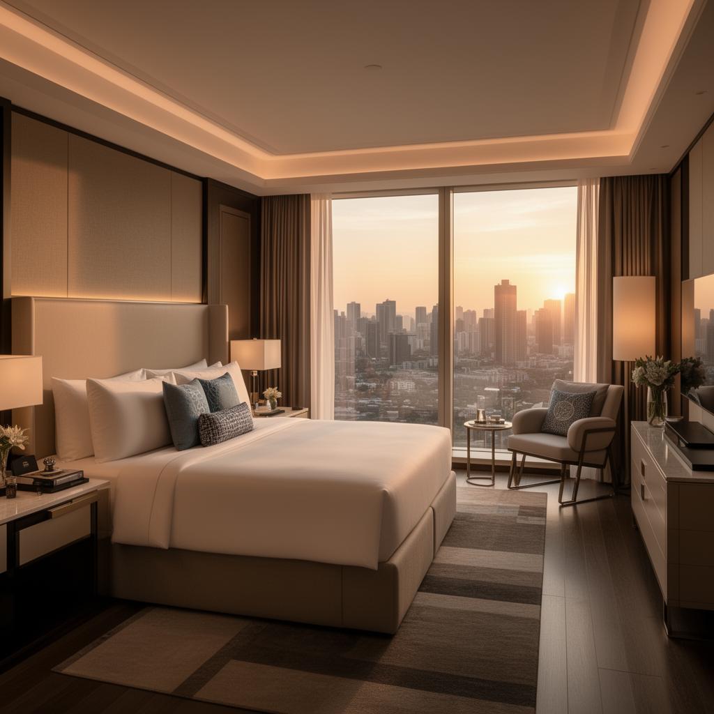 Premium spavaća soba u kondo hotelu s pogledom na panoramu grada