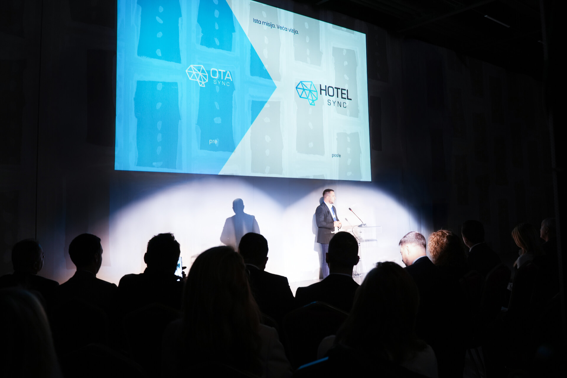 Prezentacija rebrendiranja HotelSync na sceni, koja prikazuje prelazak sa OTA Sync na HotelSync