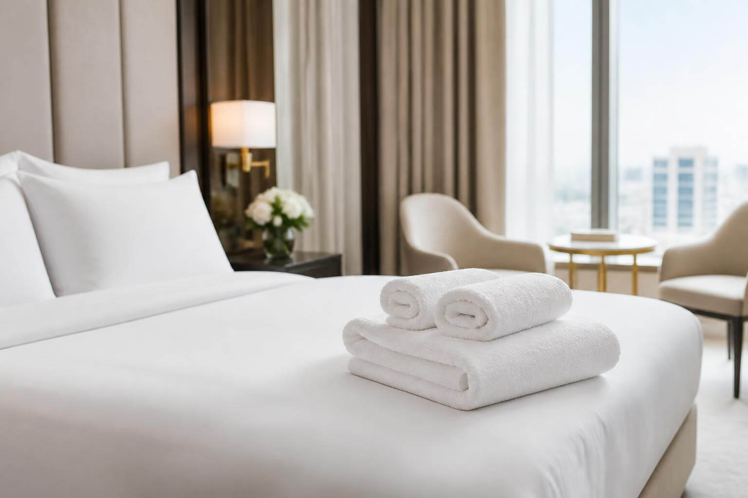 Luksuzna hotelska soba sa uredno savijenim bijelim peškirima na svježe namještenom krevetu
